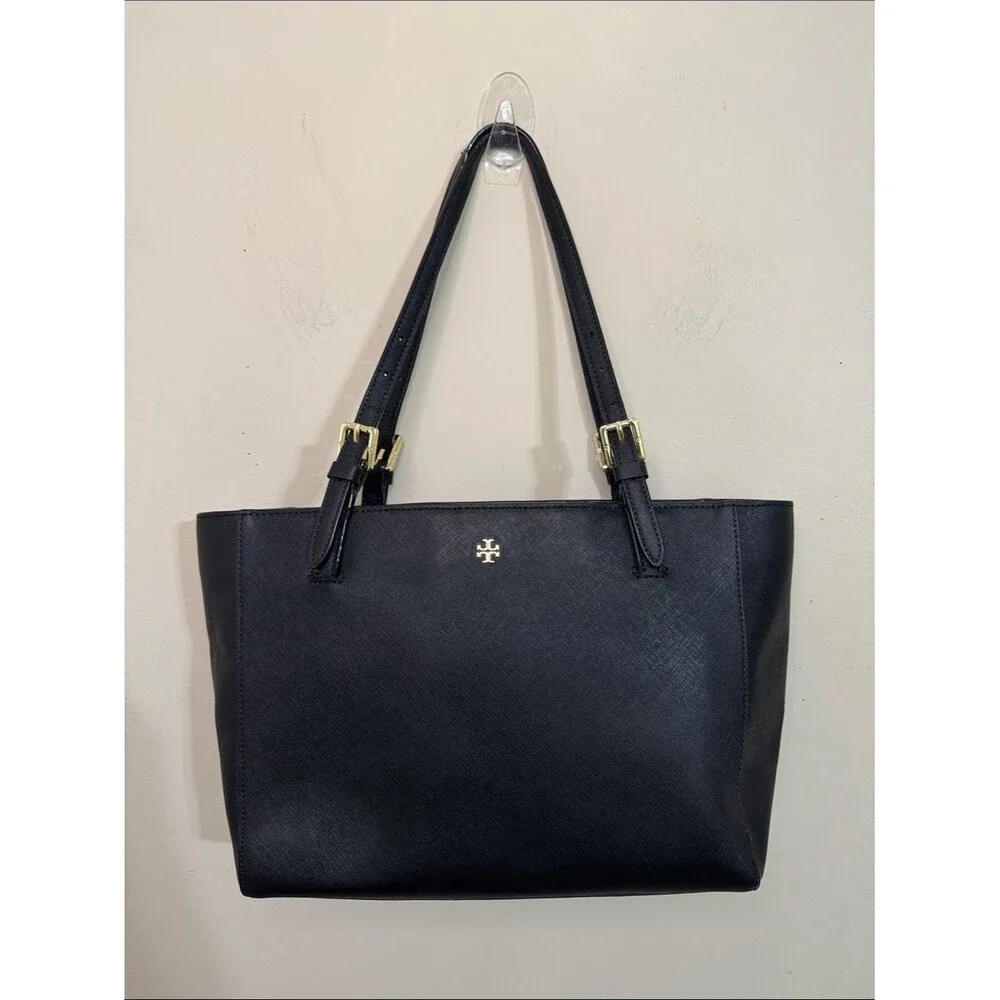 Tory Burch York Buckle Tote Black Saffiano Leather Gold Hardware Medium Classic